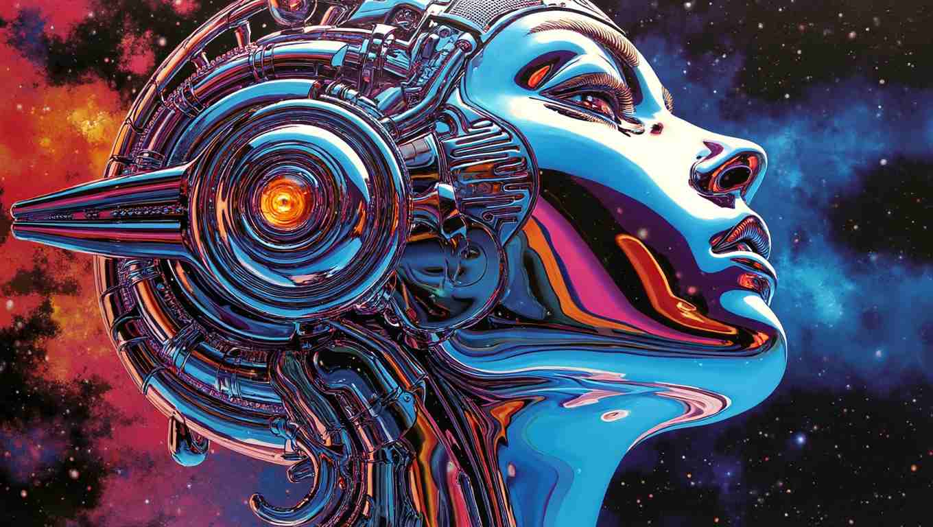 flux ai image generator - abstract chrome 80s scifi automaton, airbrush