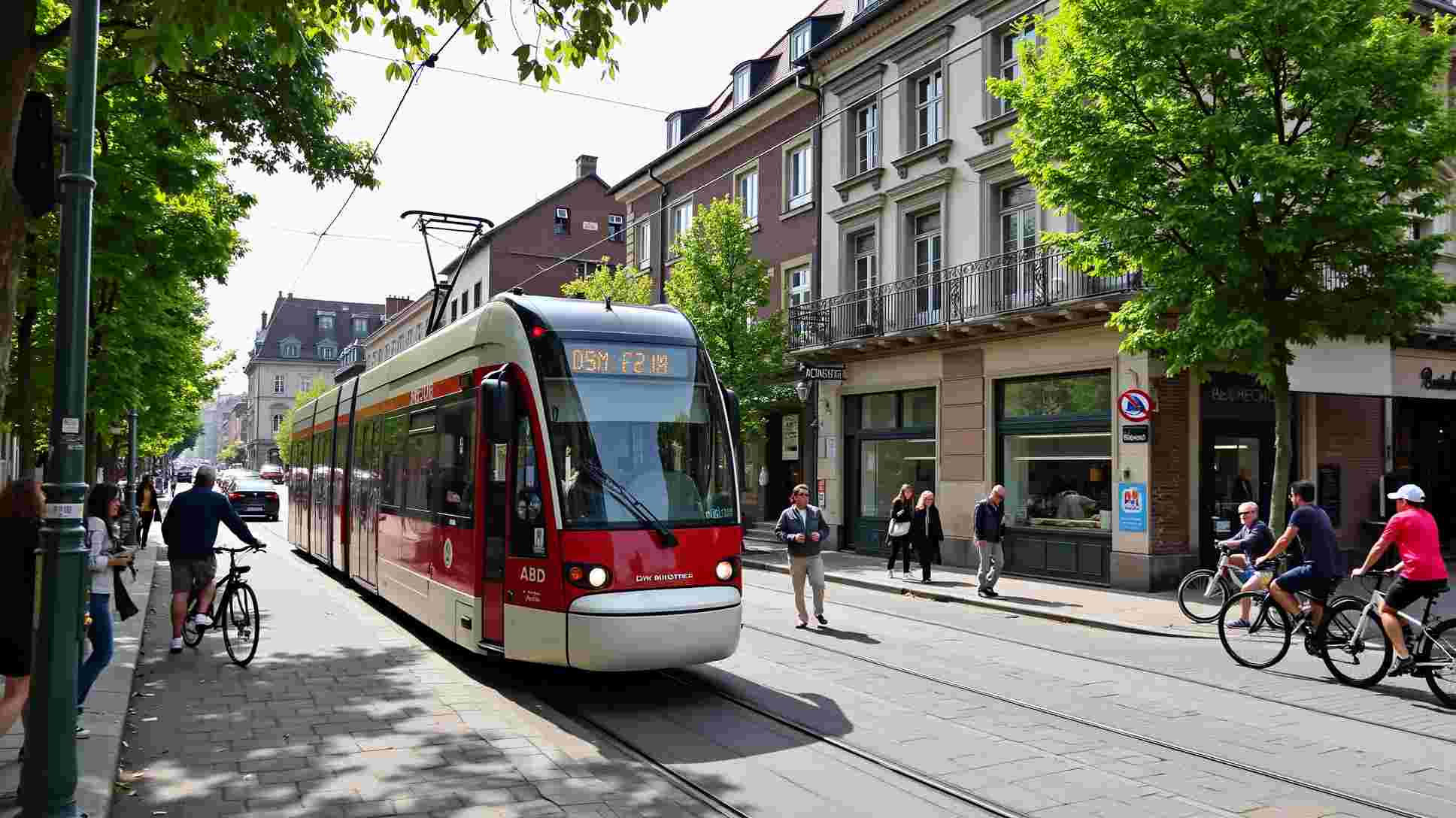 flux ai image generator - a photo of a beautiful street in Freiburg with a tram passing by and people walking about and riding bikes