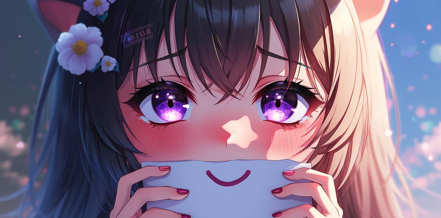 flux ai image generator - beautiful anime artwork, a cute anime catgirl that looks depressed holding a piece of paper with a smile drawn on it over her mouth, she is about to cry