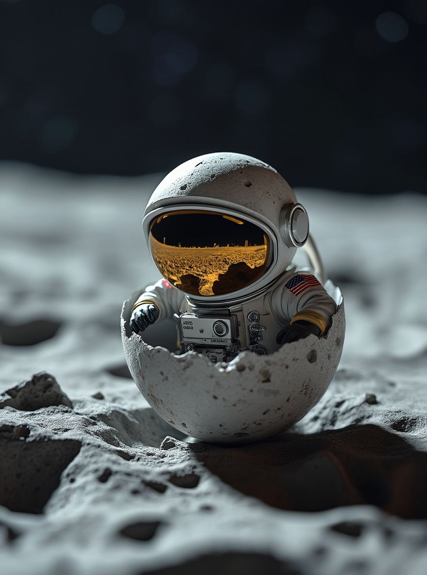 flux ai image generator - a tiny astronaut hatching from an egg on the moon