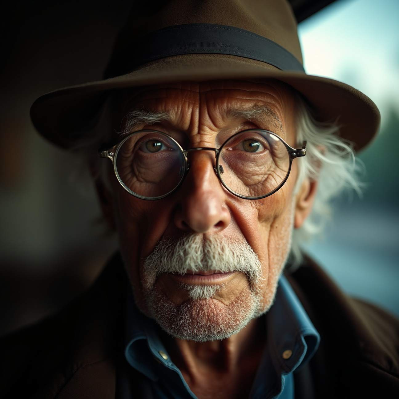 flux ai image generator - old man with glasses portrait, photo, 50mm, f1.4, natural light, Pathéchrome