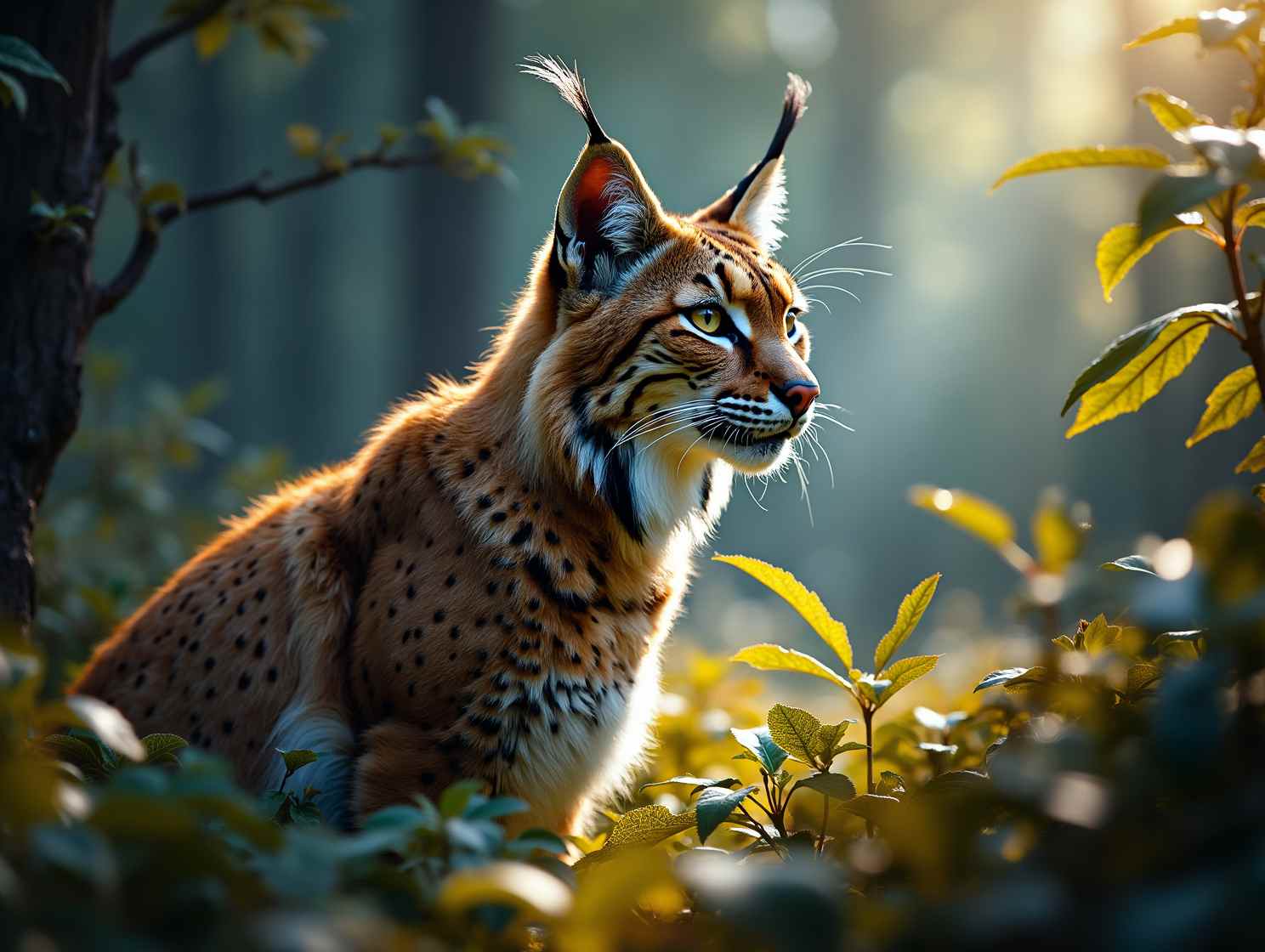 flux ai image generator - professional photograph of a lynx lit by moody harsh lighting in the middle of a forest