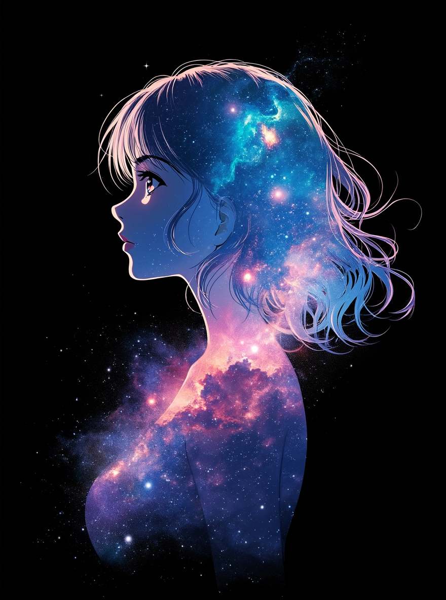 flux ai image generator - beautiful anime artwork, a cute anime girl’s silhouette, double exposure, iridescent nebula galaxy, black background, ethereal glow, bloom, hdr