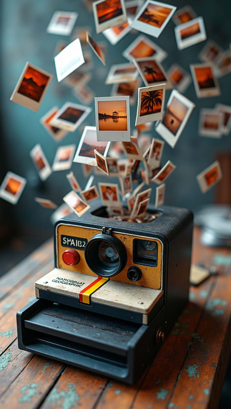 flux ai image generator - A machine generating endless of polaroid images and blowing them up into the air. Realistic National geographic photo