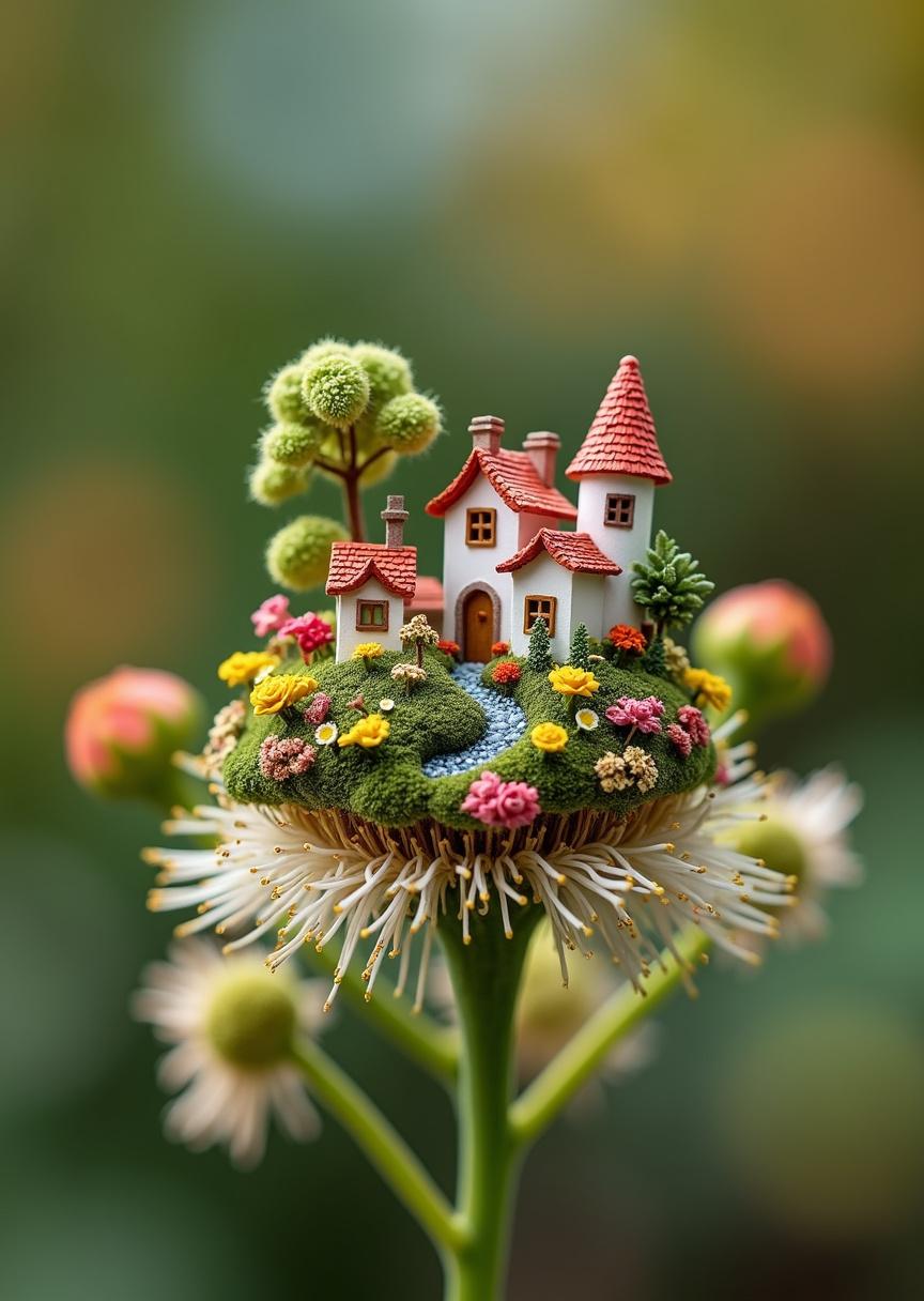 flux ai image generator - macro photography of a miniature little village on top of a flower