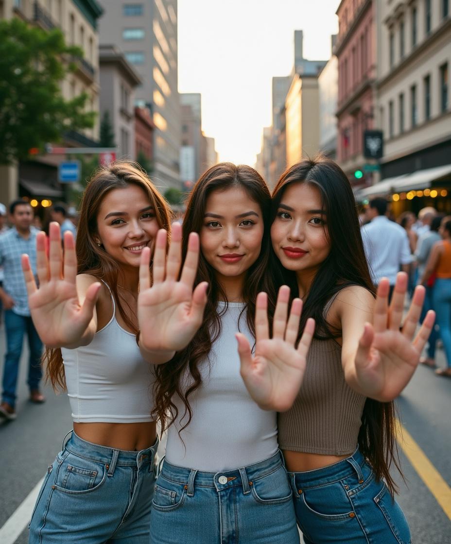 flux ai image generator - filmic photo of a group of three women on a street downtown, they are holding their hands up the camera