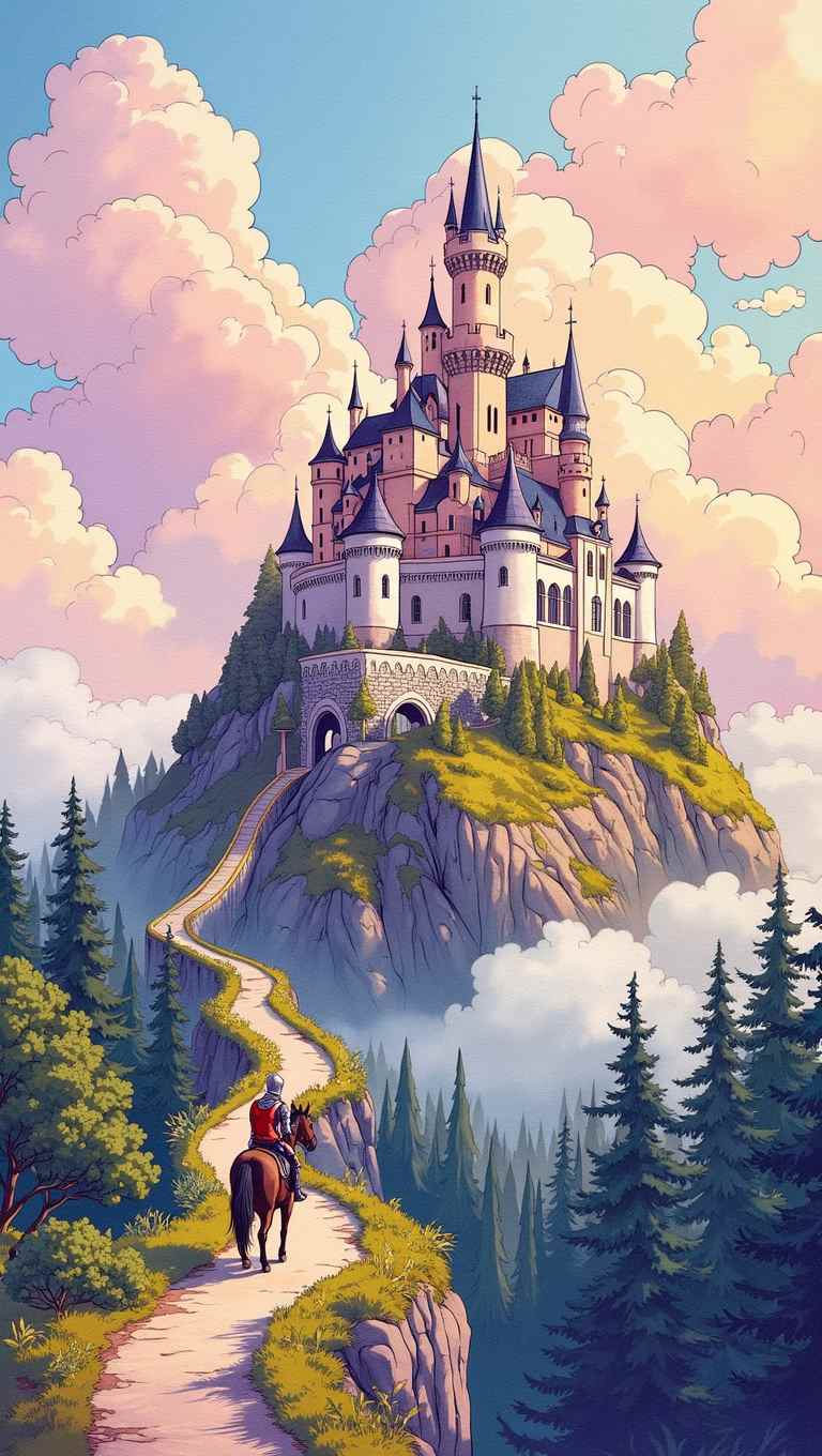 flux ai image generator - detailed pen and ink drawing with watercolor infill of a large beautiful castle on a hill above a forest, pastel colored clouds rolling by overhead, a knight on a horse can be seen riding up the winding path to the castle