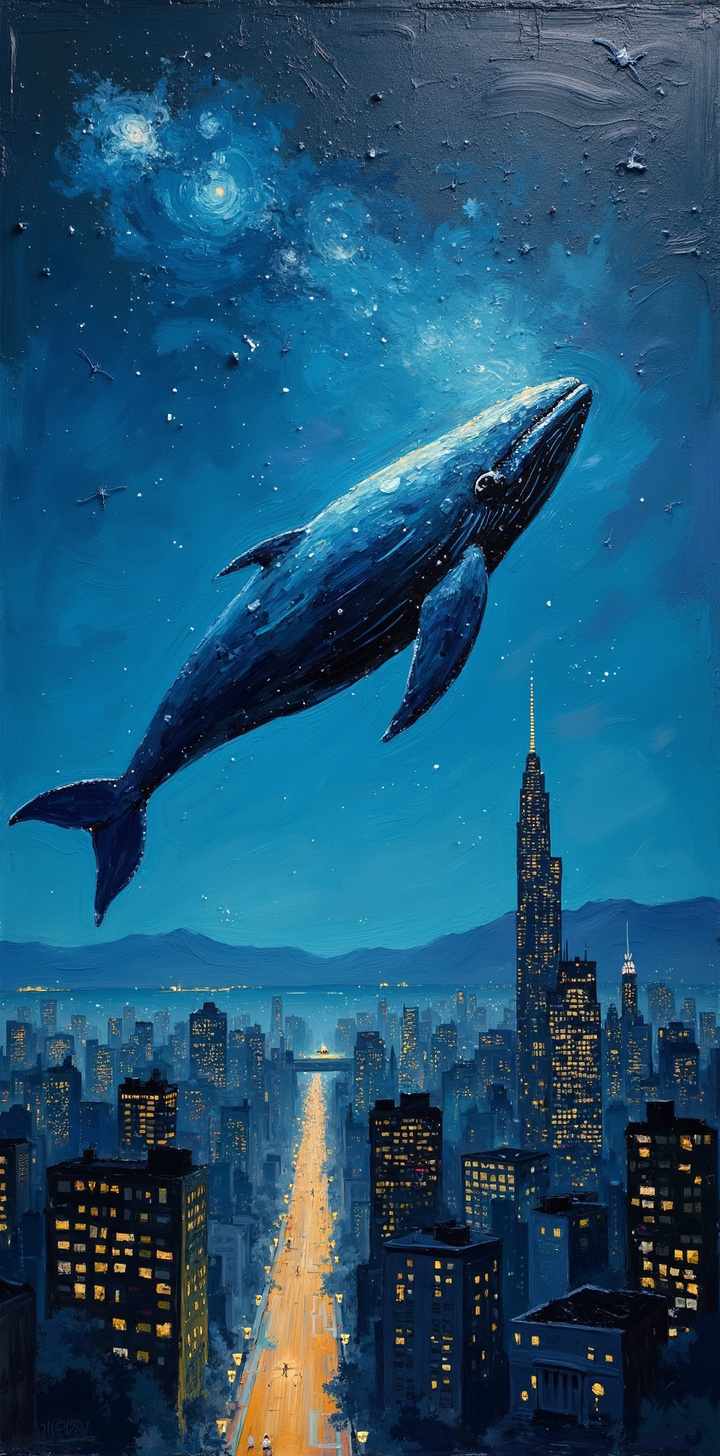 flux ai image generator - thick splotchy oil painting with brush strokes of a large whale floating gently in the night sky high above a city