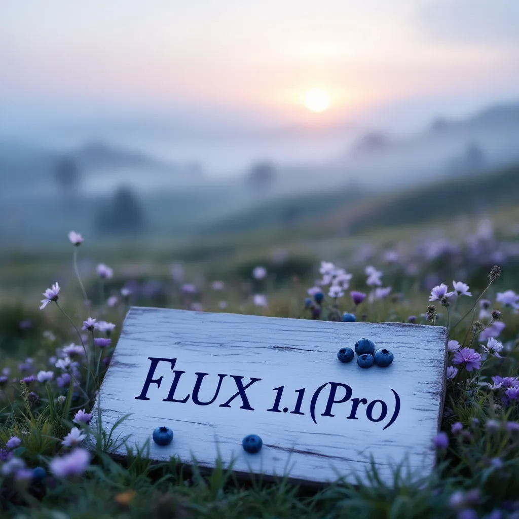 flux ai image generator - a beautiful mystical landscape photo with the text FLUX 1.1 [Pro], subtle beauty, must say 1.1, incorporate blueberries