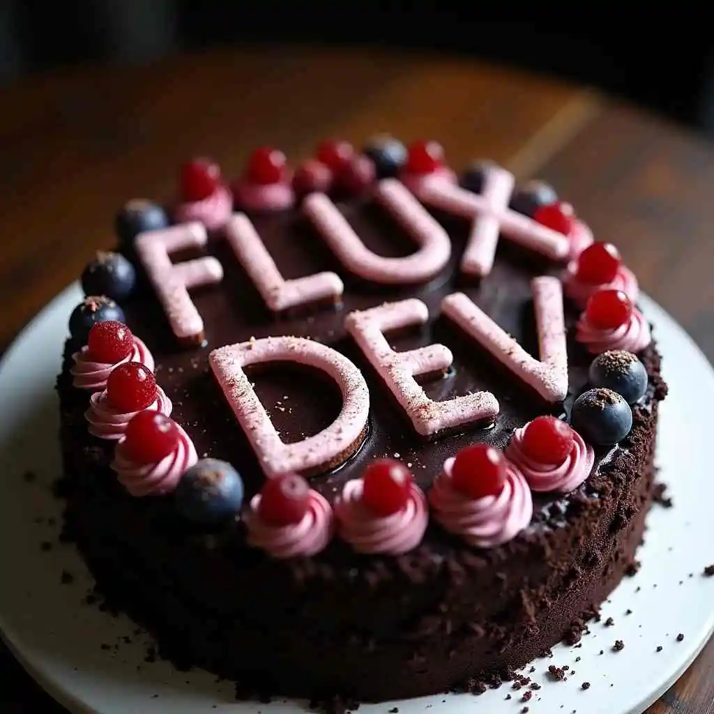 flux ai image generator - black forest gateau cake spelling out the words FLUX DEV, tasty, food photography, dynamic shot