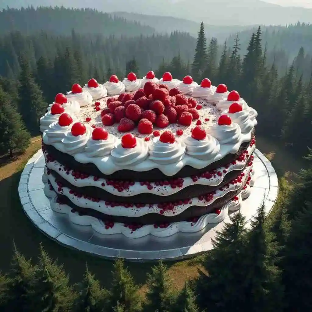 flux ai image generator - The world's largest black forest cake, the size of a building, surrounded by trees of the black forest