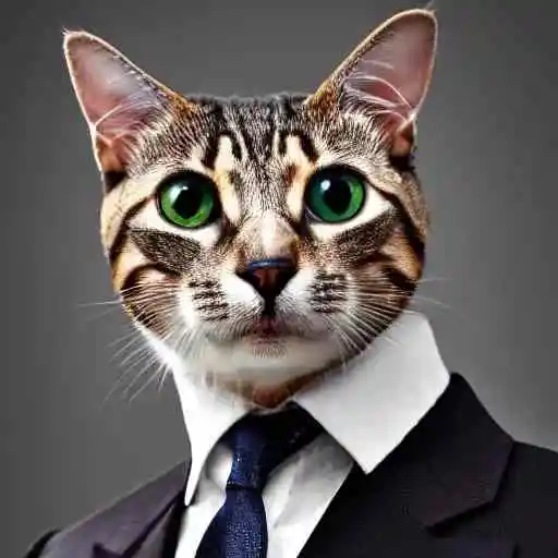 image to prompt - A cat wearing a suit and tie with green eyes, a stock photo by Hanns Katz, pexels, furry art, stockphoto, creative commons attribution, quantum wavetracing.